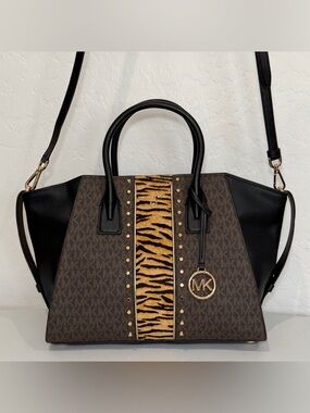 Michael Kors Leather and Tiger Print Calf Hair Satchel